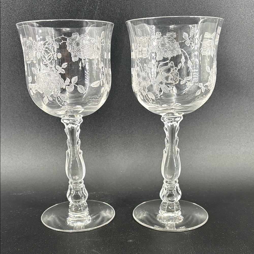 Vintage Fostoria Willomere Etched crystal Wine Glasses pair